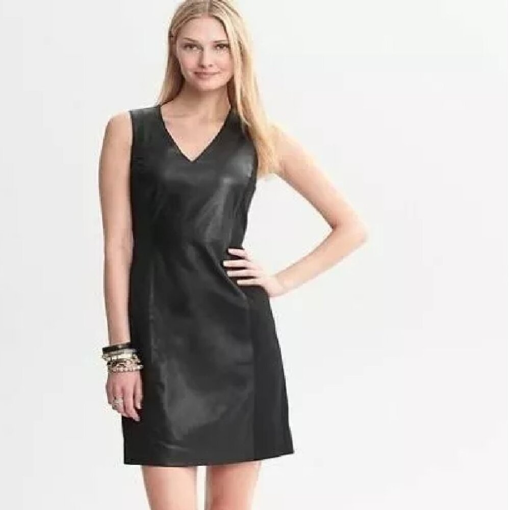 Banana Republic Leather Panel Stretch V Neck Dress Size 0P NWT